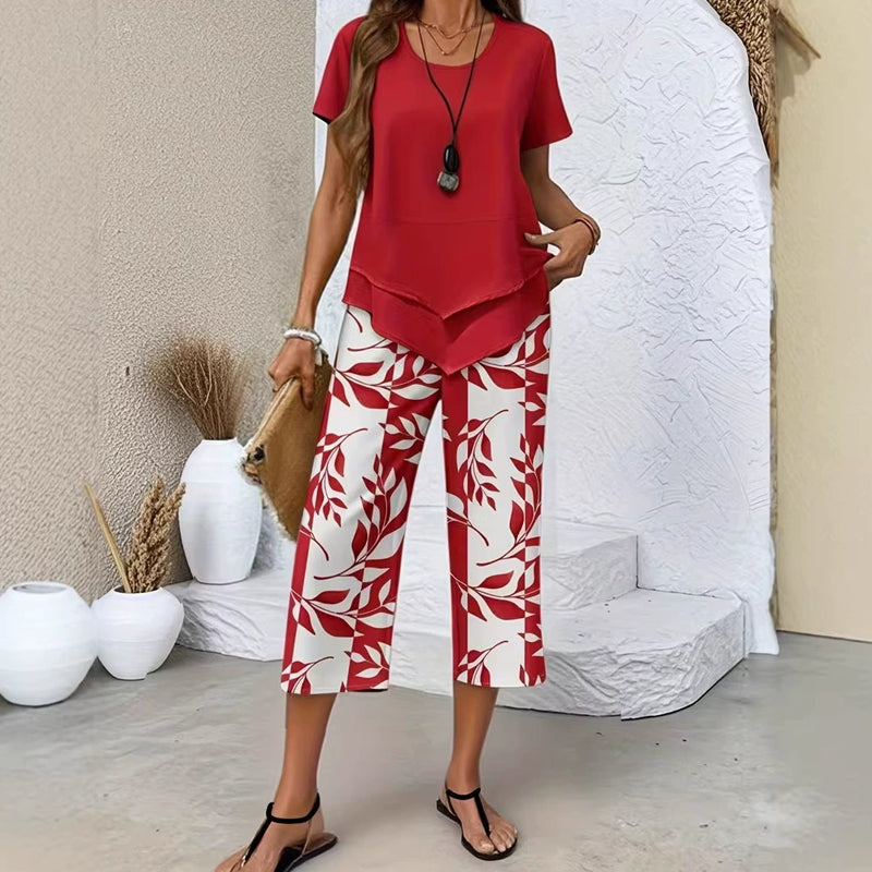 Conjunto de ocio con camiseta de cuello redondo (multicapa) y pantalones extraanchos: cómodo, ligero y versátil; ideal para el día a día y para viajar