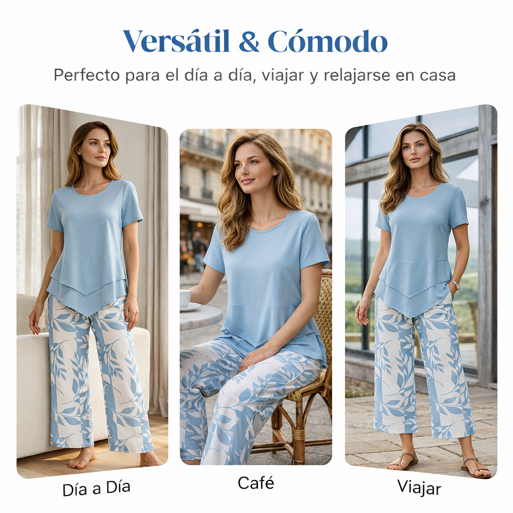 Conjunto de ocio con camiseta de cuello redondo (multicapa) y pantalones extraanchos: cómodo, ligero y versátil; ideal para el día a día y para viajar