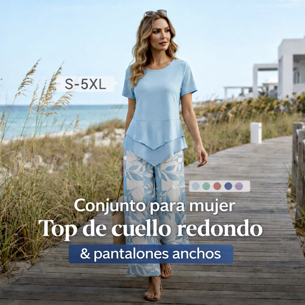 Conjunto de ocio con camiseta de cuello redondo (multicapa) y pantalones extraanchos: cómodo, ligero y versátil; ideal para el día a día y para viajar