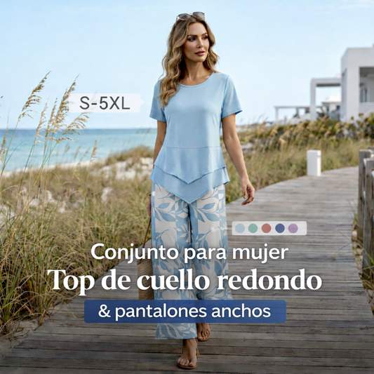 Conjunto de ocio con camiseta de cuello redondo (multicapa) y pantalones extraanchos: cómodo, ligero y versátil; ideal para el día a día y para viajar