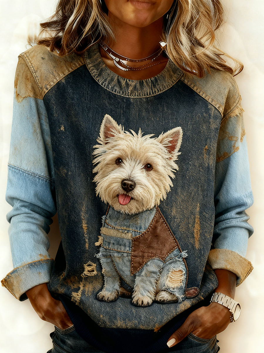 Cómoda sudadera de mujer con patchwork en estilo retro y estampado de animales