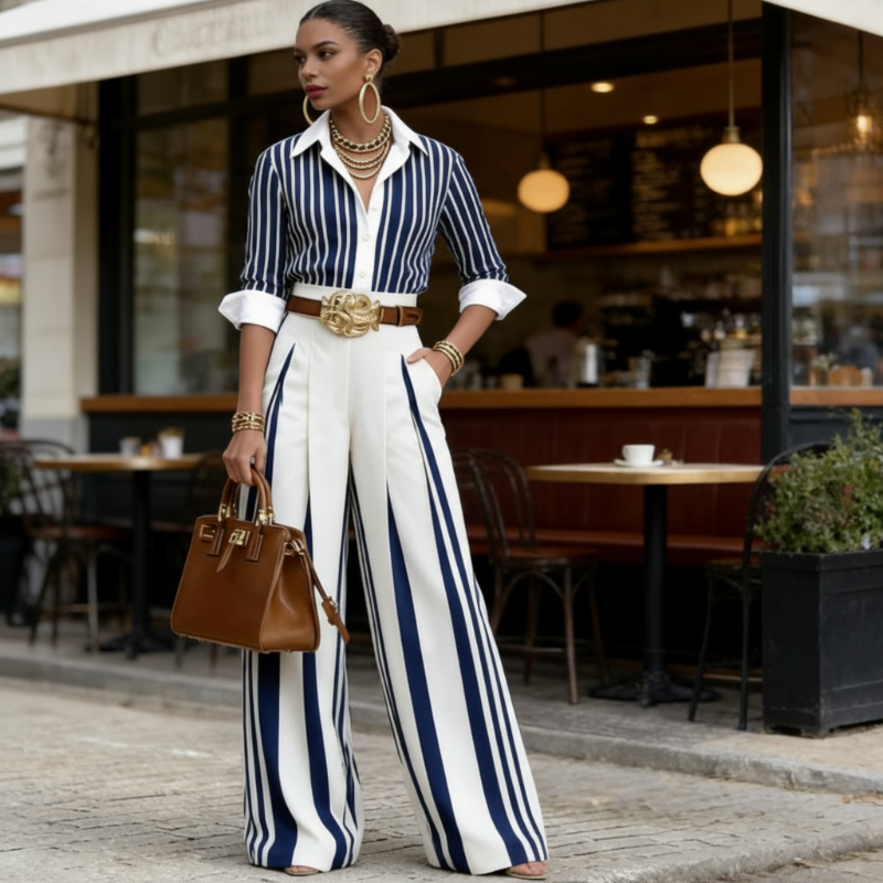Conjunto de Camiseta a Rayas y Pantalones Anchos - Cómodo y Elegante para el día a día