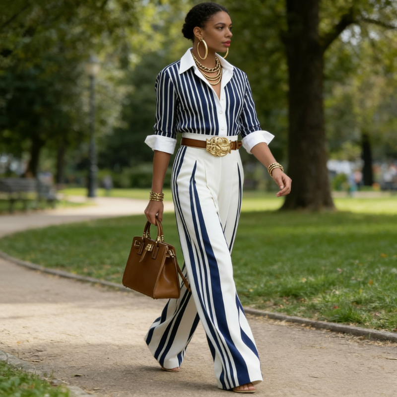 Conjunto de Camiseta a Rayas y Pantalones Anchos - Cómodo y Elegante para el día a día