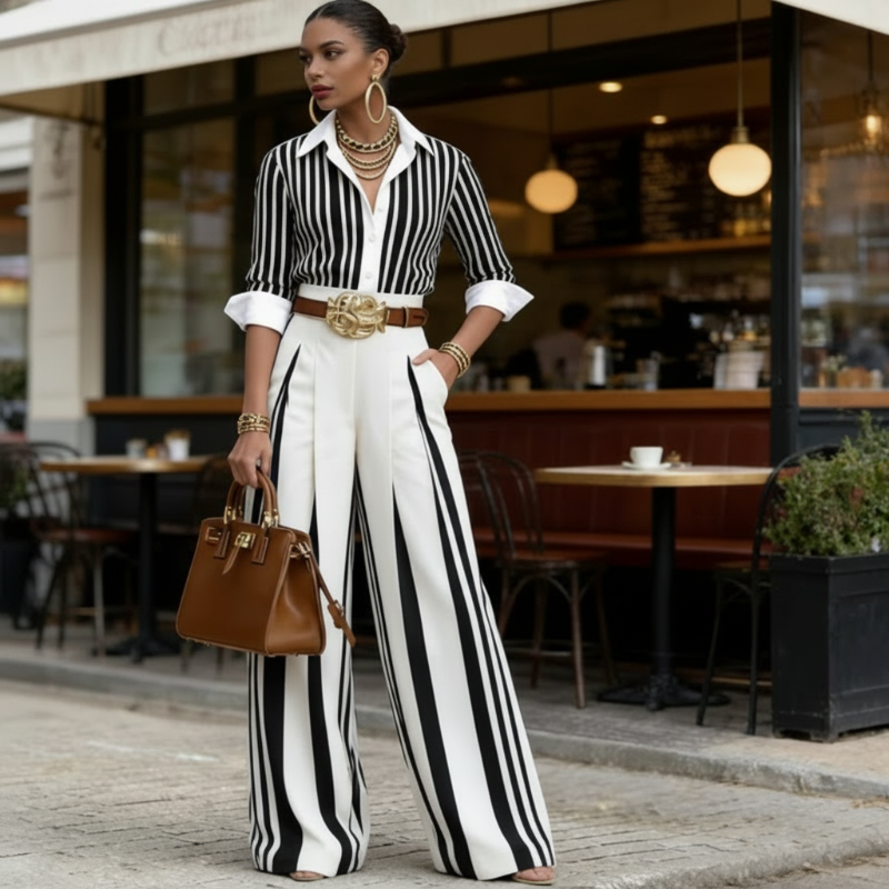 Conjunto de Camiseta a Rayas y Pantalones Anchos - Cómodo y Elegante para el día a día