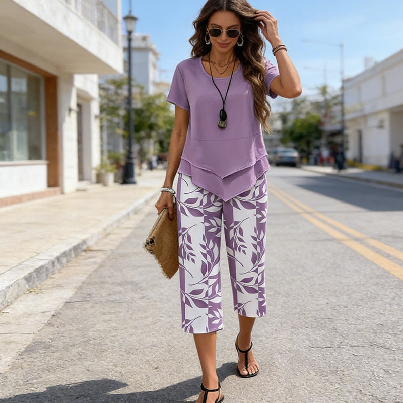 Conjunto de ocio con camiseta de cuello redondo (multicapa) y pantalones extraanchos: cómodo, ligero y versátil; ideal para el día a día y para viajar