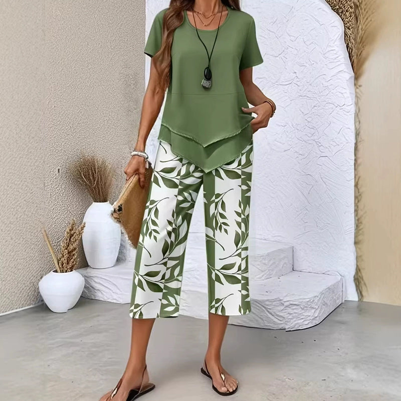 Conjunto de ocio con camiseta de cuello redondo (multicapa) y pantalones extraanchos: cómodo, ligero y versátil; ideal para el día a día y para viajar