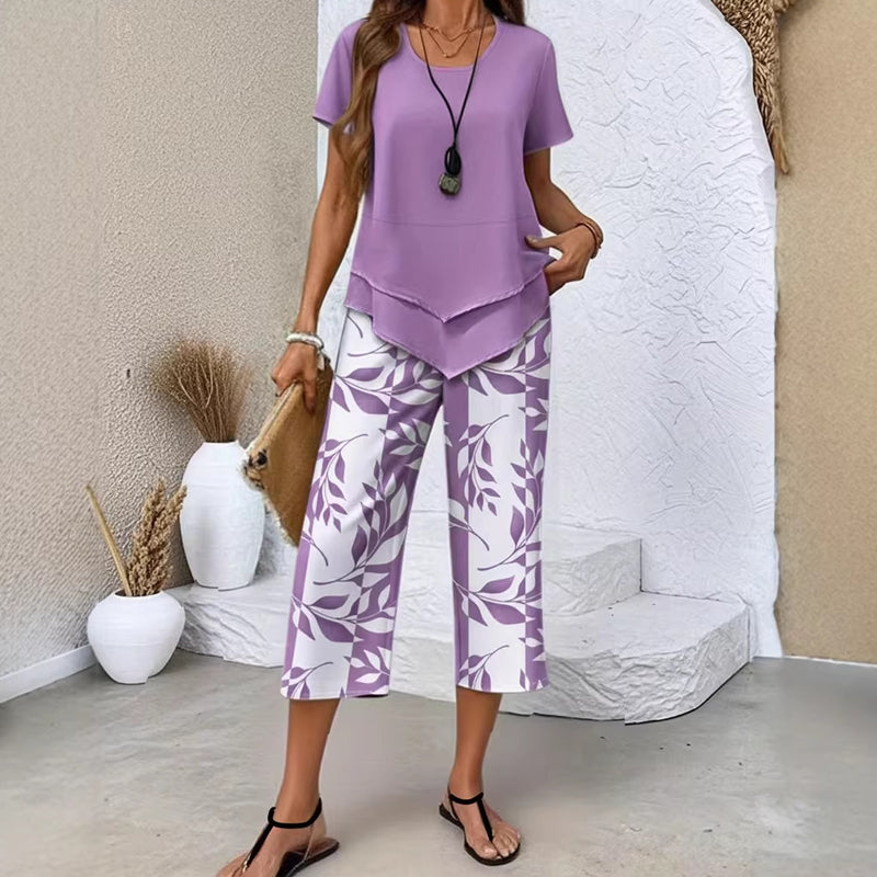 Conjunto de ocio con camiseta de cuello redondo (multicapa) y pantalones extraanchos: cómodo, ligero y versátil; ideal para el día a día y para viajar